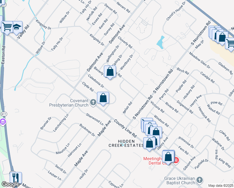 map of restaurants, bars, coffee shops, grocery stores, and more near 1229 Caledonia Drive in Warminster
