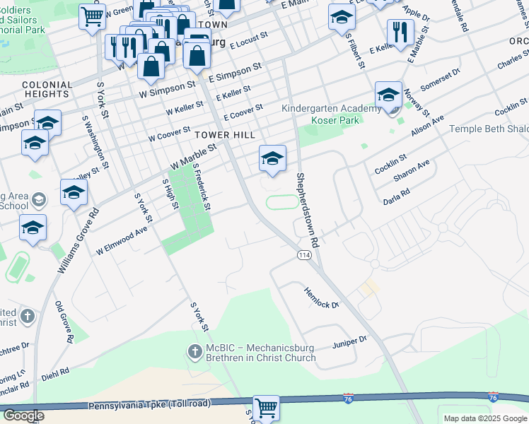 map of restaurants, bars, coffee shops, grocery stores, and more near 805 South Market Street in Mechanicsburg