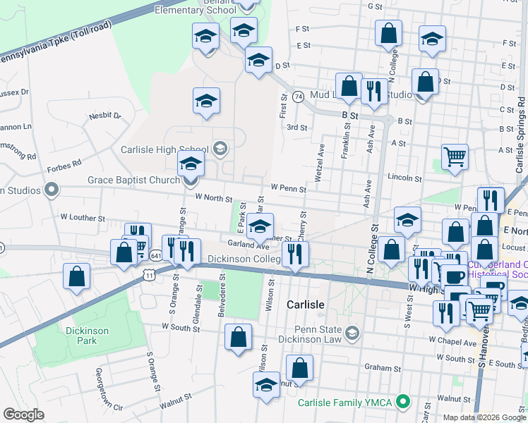 map of restaurants, bars, coffee shops, grocery stores, and more near 611 West North Street in Carlisle