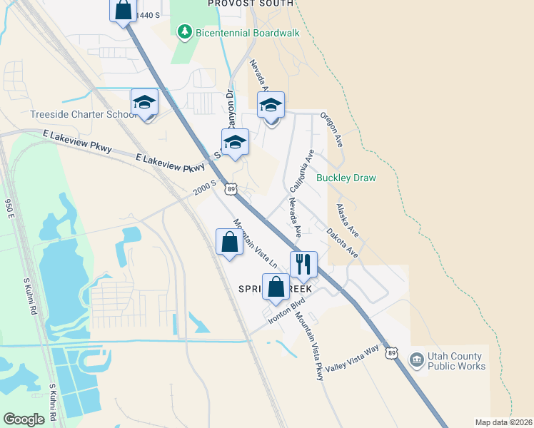 map of restaurants, bars, coffee shops, grocery stores, and more near 2092 California Avenue in Provo