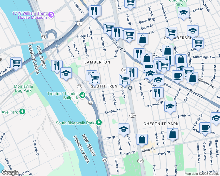 map of restaurants, bars, coffee shops, grocery stores, and more near 397 Second Street in Trenton