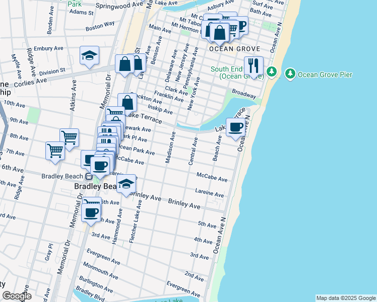 map of restaurants, bars, coffee shops, grocery stores, and more near 303 Park Place Avenue in Bradley Beach