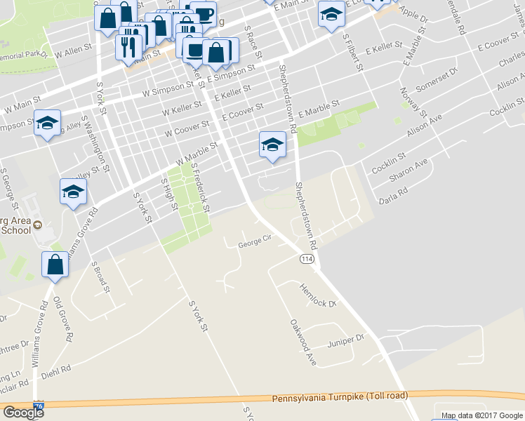map of restaurants, bars, coffee shops, grocery stores, and more near 805 South Market Street in Mechanicsburg
