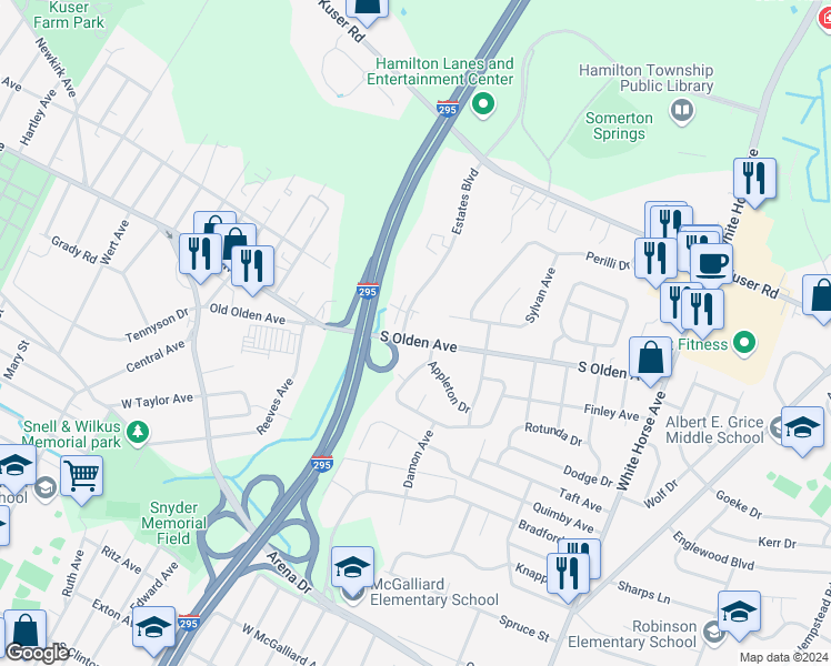 map of restaurants, bars, coffee shops, grocery stores, and more near 105 Estates Boulevard in Hamilton Township