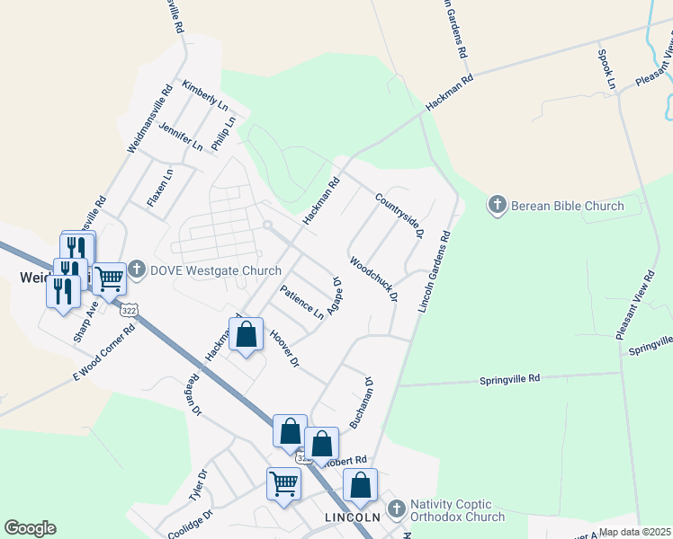 map of restaurants, bars, coffee shops, grocery stores, and more near 67 Agape Drive in Ephrata