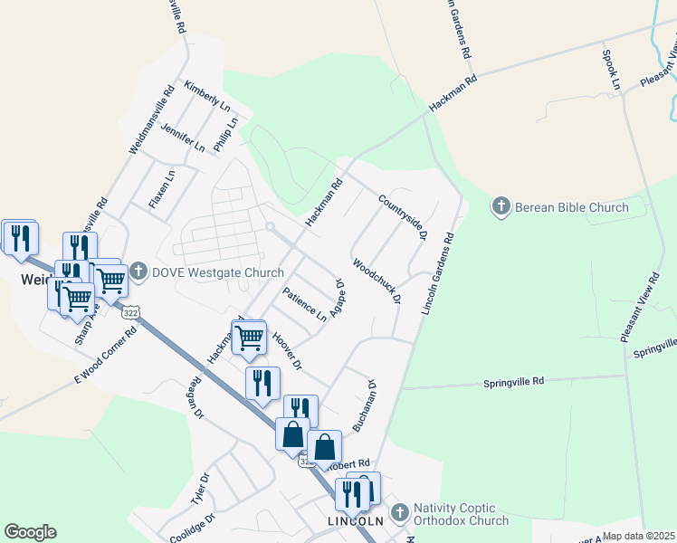 map of restaurants, bars, coffee shops, grocery stores, and more near 67 Agape Drive in Ephrata