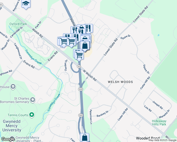 map of restaurants, bars, coffee shops, grocery stores, and more near 736 Lower State Road in North Wales