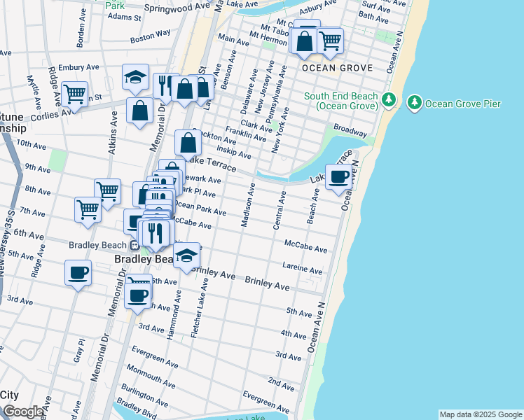 map of restaurants, bars, coffee shops, grocery stores, and more near 1006 Madison Avenue in Bradley Beach