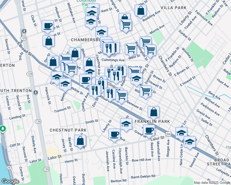 map of restaurants, bars, coffee shops, grocery stores, and more near 1217 South Clinton Avenue in Trenton