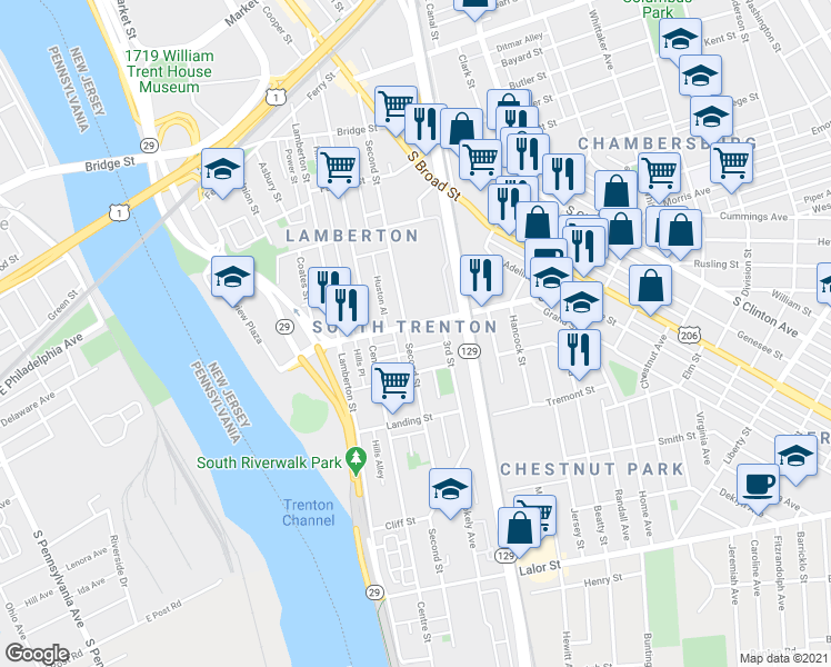 map of restaurants, bars, coffee shops, grocery stores, and more near 397 Second Street in Trenton