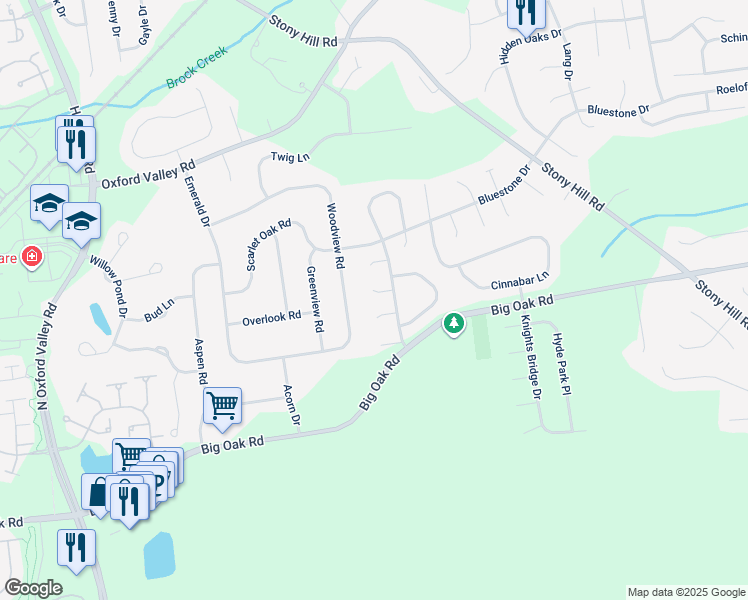 map of restaurants, bars, coffee shops, grocery stores, and more near 1377 Pepperbush Court in Yardley