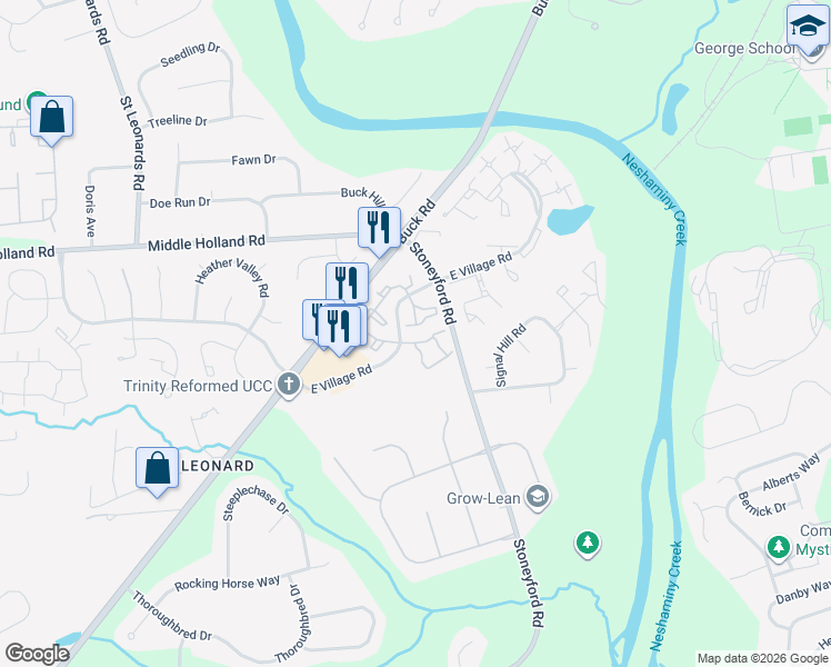 map of restaurants, bars, coffee shops, grocery stores, and more near 285 East Village Road in Holland