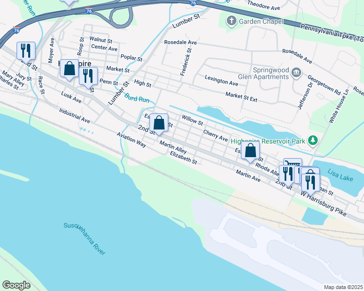 map of restaurants, bars, coffee shops, grocery stores, and more near 458 2nd Street in Highspire