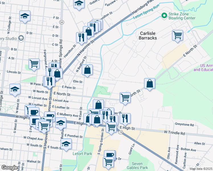 map of restaurants, bars, coffee shops, grocery stores, and more near 27 Parkview Drive in Carlisle