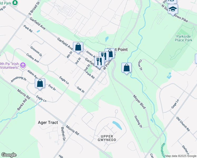 map of restaurants, bars, coffee shops, grocery stores, and more near 1917 West Point Pike in Lansdale