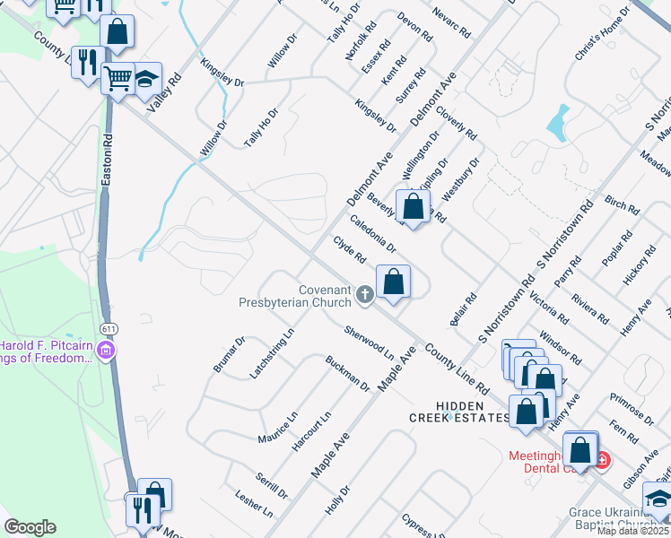 map of restaurants, bars, coffee shops, grocery stores, and more near 1309 West County Line Road in Hatboro