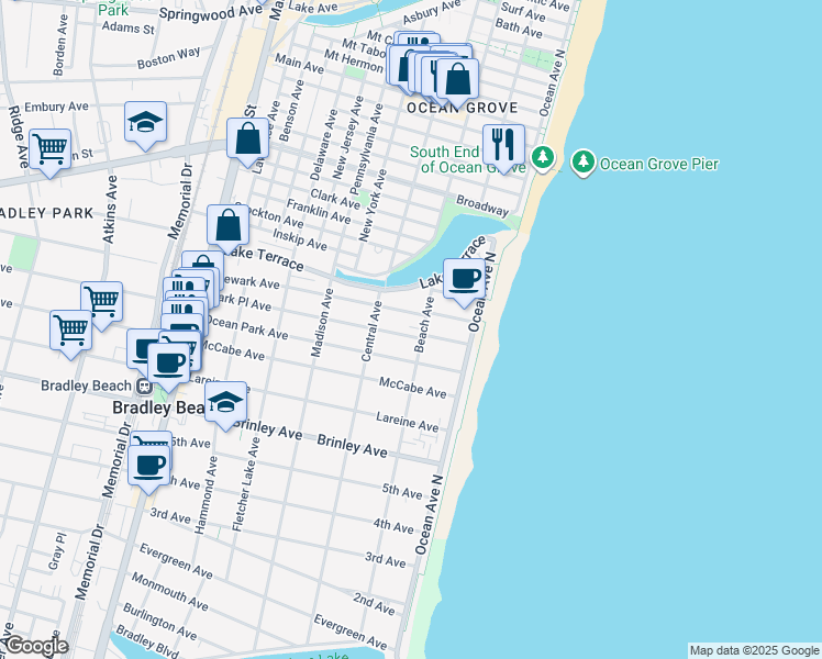 map of restaurants, bars, coffee shops, grocery stores, and more near 206 Newark Avenue in Bradley Beach
