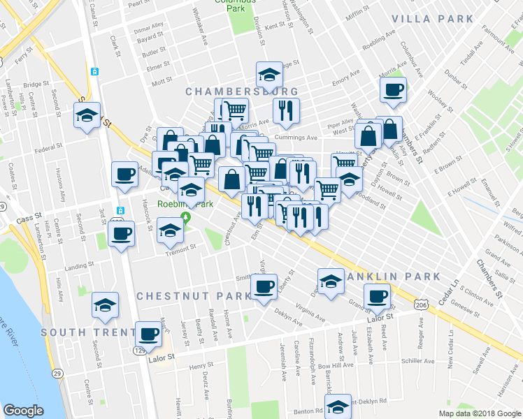 map of restaurants, bars, coffee shops, grocery stores, and more near 1016 South Broad Street in Trenton
