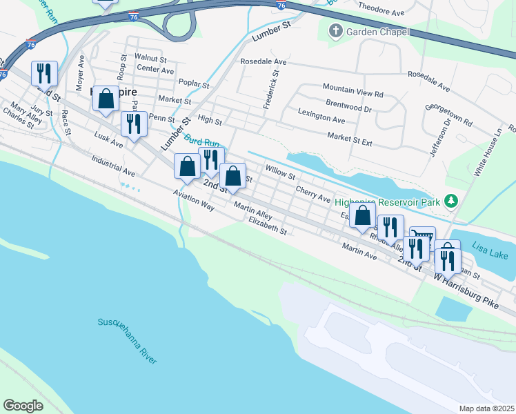 map of restaurants, bars, coffee shops, grocery stores, and more near 461 2nd Street in Highspire