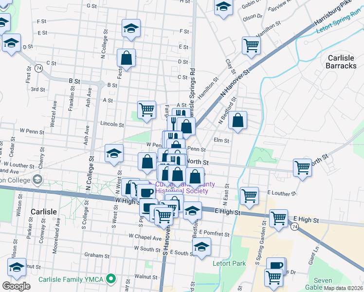 map of restaurants, bars, coffee shops, grocery stores, and more near 301 North Hanover Street in Carlisle