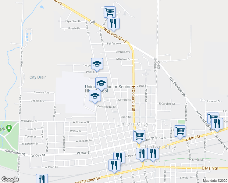 map of restaurants, bars, coffee shops, grocery stores, and more near North Howard Street in Union City