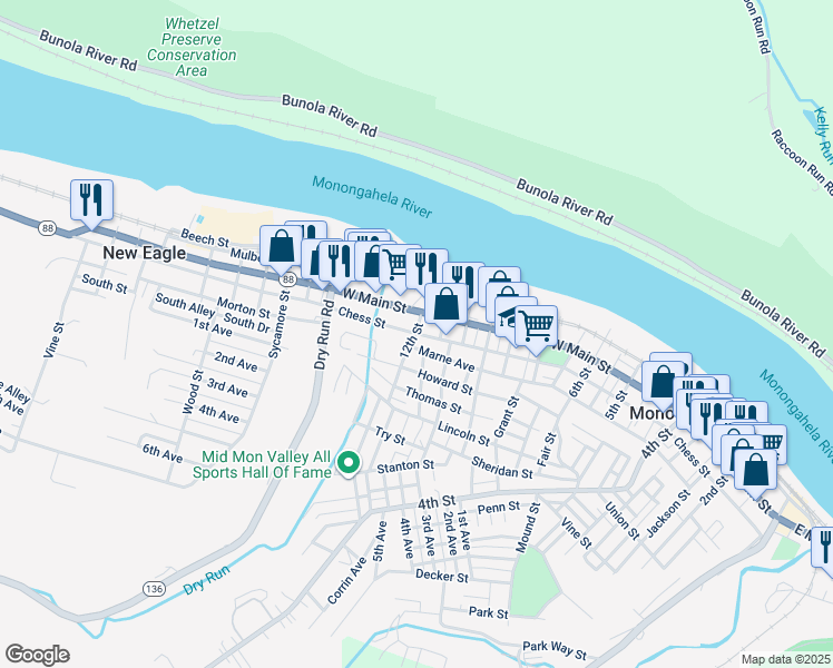 map of restaurants, bars, coffee shops, grocery stores, and more near 1200 Chess Street in Monongahela