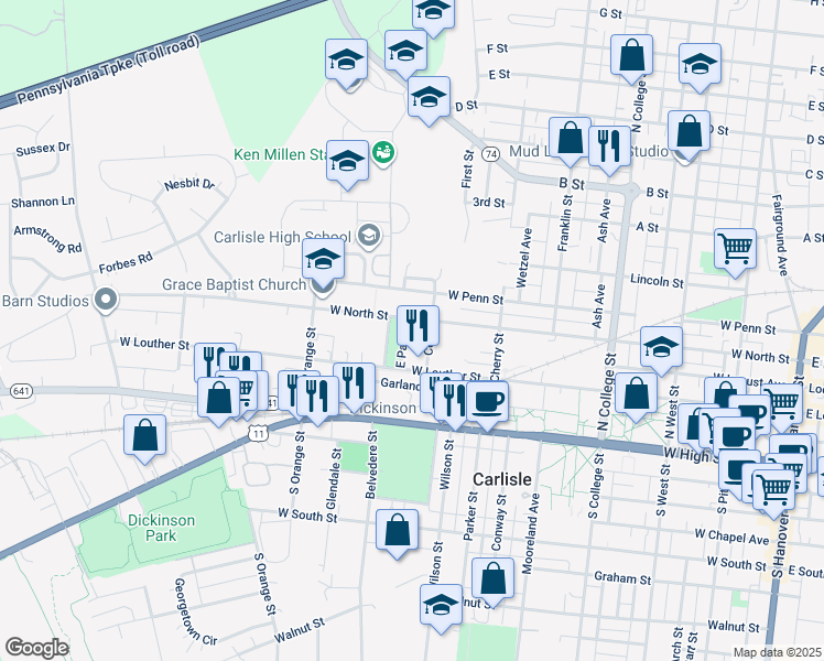 map of restaurants, bars, coffee shops, grocery stores, and more near 155 East Park Street in Carlisle