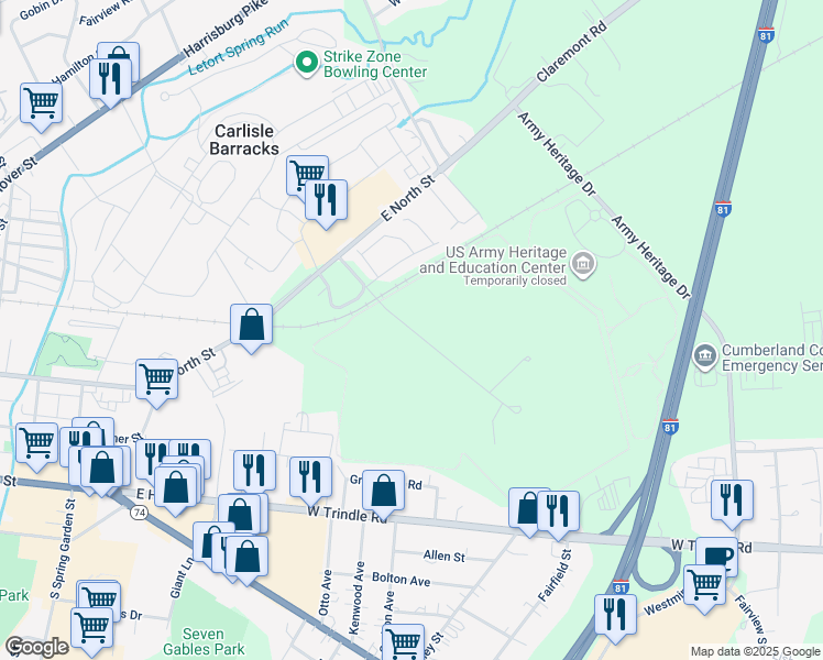 map of restaurants, bars, coffee shops, grocery stores, and more near Jim Thorpe Road in Cumberland County