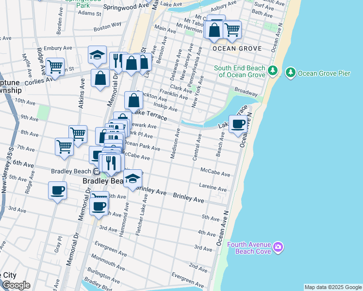 map of restaurants, bars, coffee shops, grocery stores, and more near 321 Park Place Avenue in Bradley Beach