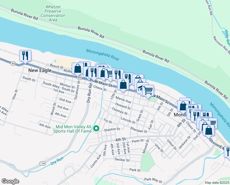 map of restaurants, bars, coffee shops, grocery stores, and more near 1200 Chess Street in Monongahela