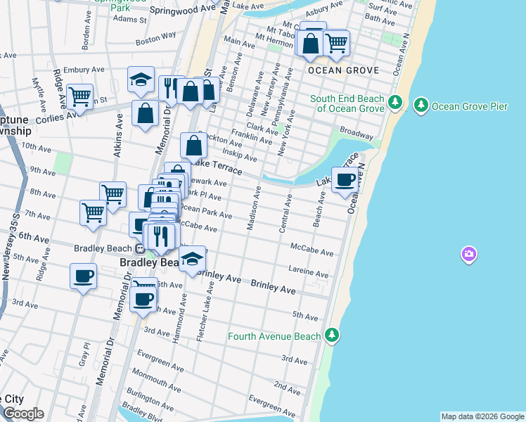 map of restaurants, bars, coffee shops, grocery stores, and more near 1006 Madison Avenue in Bradley Beach