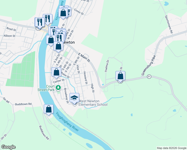 map of restaurants, bars, coffee shops, grocery stores, and more near 1002 East Main Street in West Newton