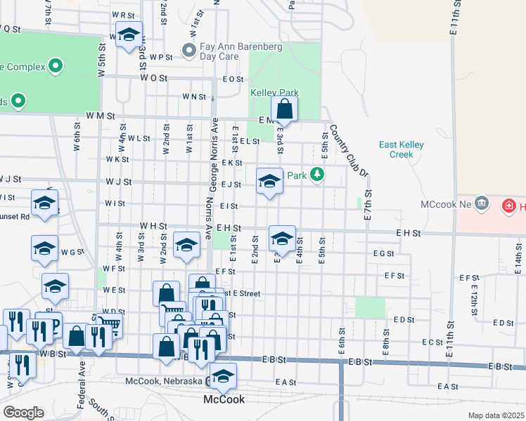 map of restaurants, bars, coffee shops, grocery stores, and more near 904 East 2nd Street in McCook