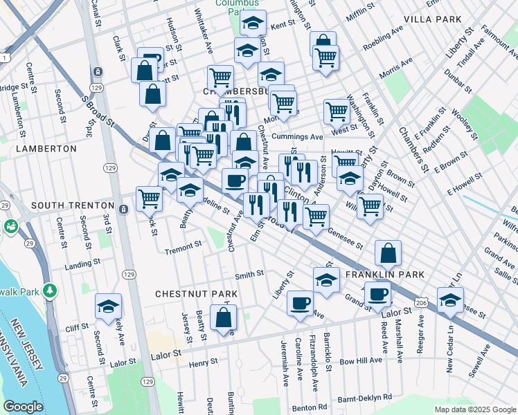 map of restaurants, bars, coffee shops, grocery stores, and more near 1311 Chestnut Avenue in Trenton