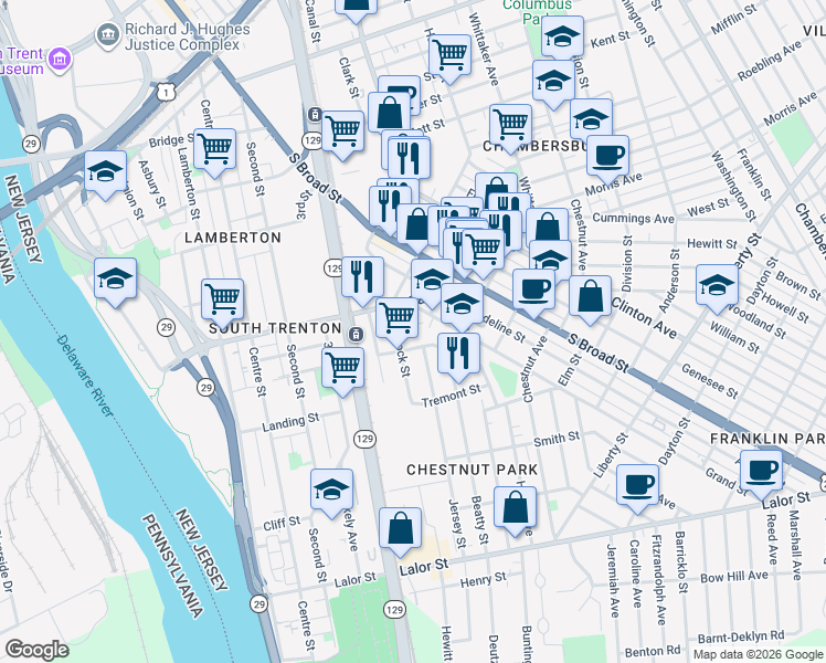 map of restaurants, bars, coffee shops, grocery stores, and more near in Trenton