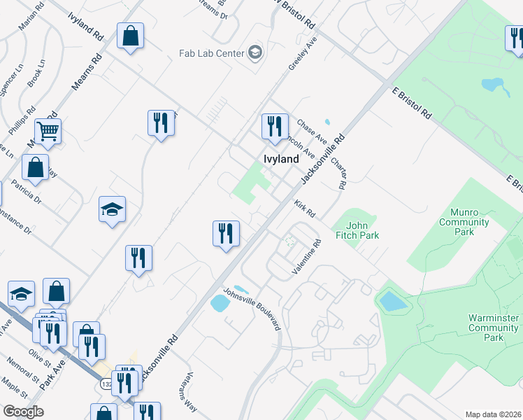 map of restaurants, bars, coffee shops, grocery stores, and more near 32 Willard Avenue in Ivyland