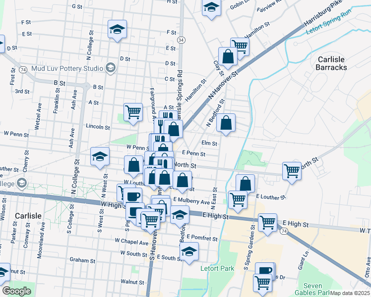 map of restaurants, bars, coffee shops, grocery stores, and more near 2 Noble Avenue in Carlisle