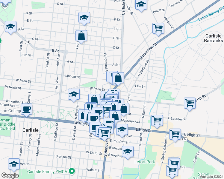 map of restaurants, bars, coffee shops, grocery stores, and more near 320 North Hanover Street in Carlisle