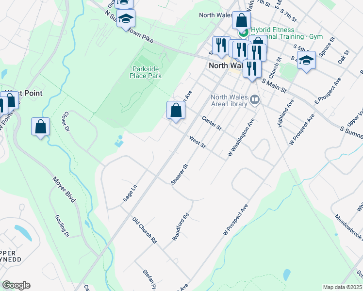 map of restaurants, bars, coffee shops, grocery stores, and more near 509 West Walnut Street in North Wales