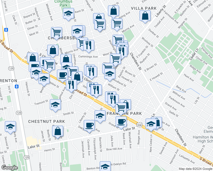 map of restaurants, bars, coffee shops, grocery stores, and more near 211 William Street in Trenton