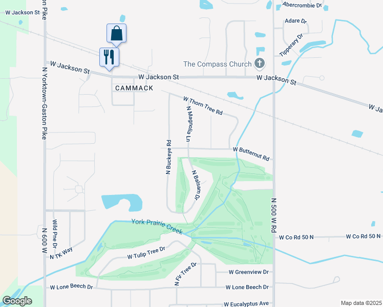 map of restaurants, bars, coffee shops, grocery stores, and more near 1500-1508 N Magnolia Ln in Muncie