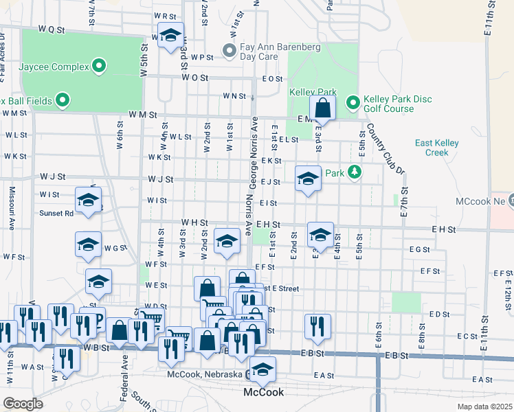 map of restaurants, bars, coffee shops, grocery stores, and more near 904 Norris Avenue in McCook