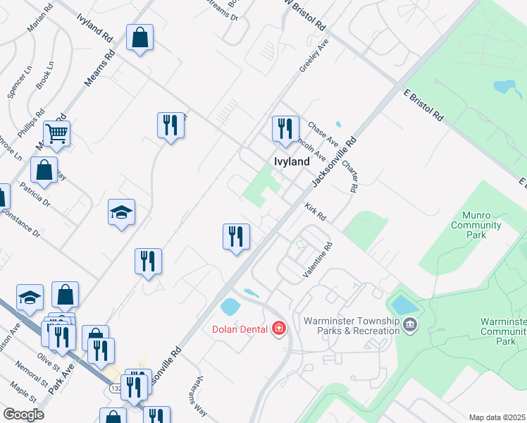 map of restaurants, bars, coffee shops, grocery stores, and more near 991 Pennsylvania Avenue in Ivyland