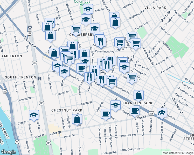 map of restaurants, bars, coffee shops, grocery stores, and more near 526 Genesee Street in Trenton