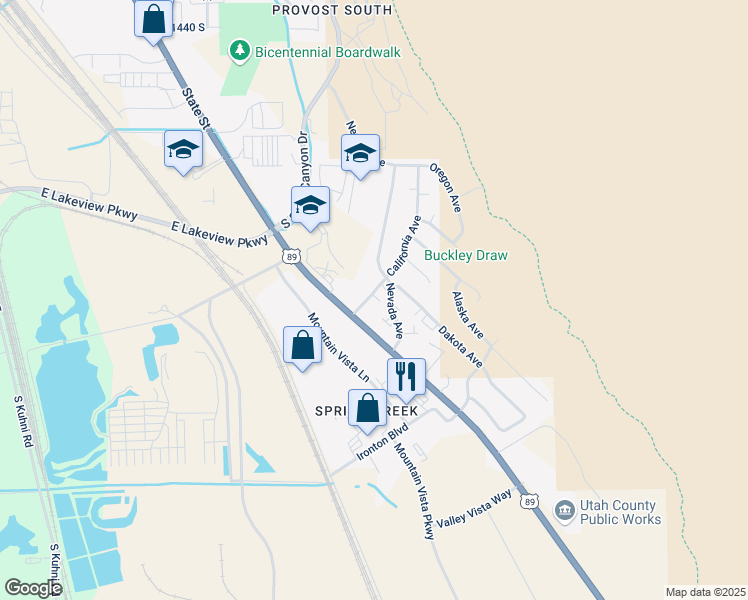 map of restaurants, bars, coffee shops, grocery stores, and more near 2071 California Avenue in Provo