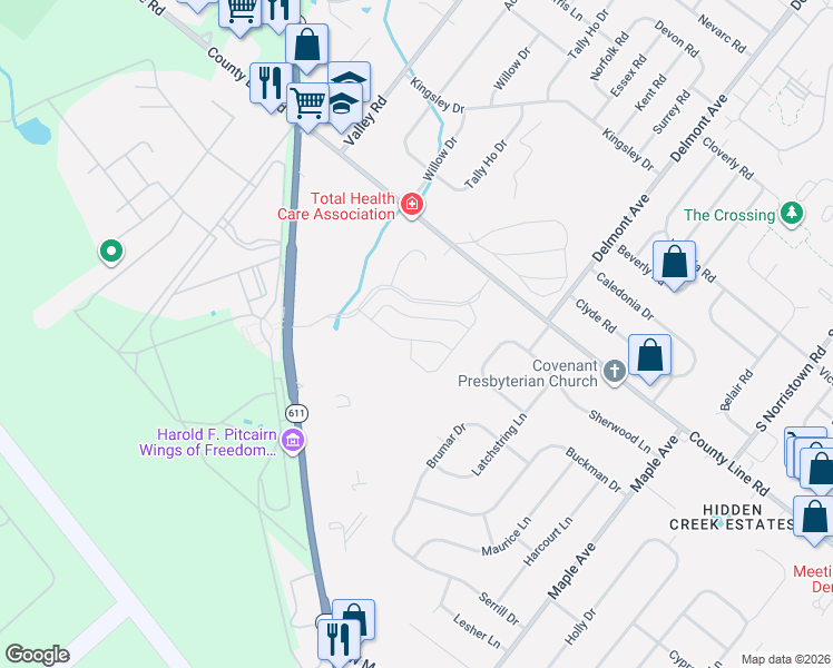 map of restaurants, bars, coffee shops, grocery stores, and more near 619 Liberty Ridge Road in Horsham