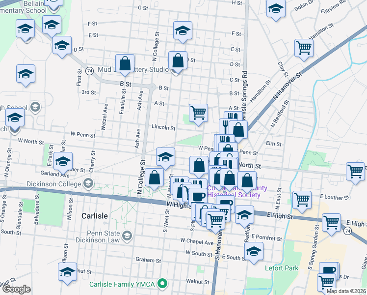 map of restaurants, bars, coffee shops, grocery stores, and more near 317 North West Street in Carlisle