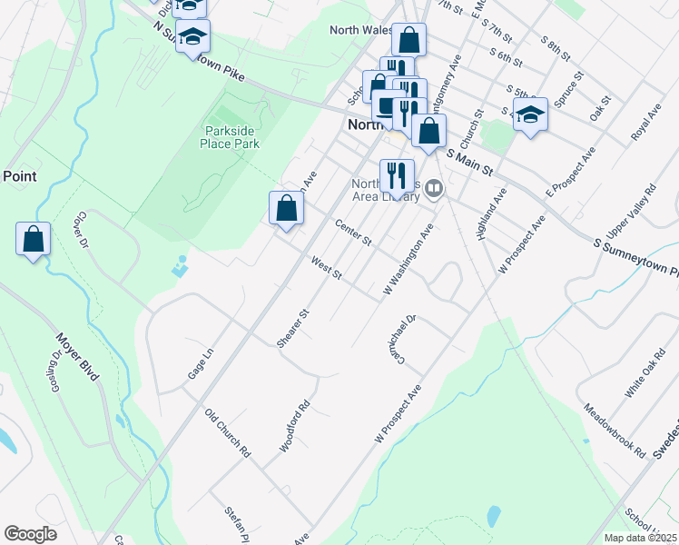 map of restaurants, bars, coffee shops, grocery stores, and more near 428 Shearer Street in North Wales