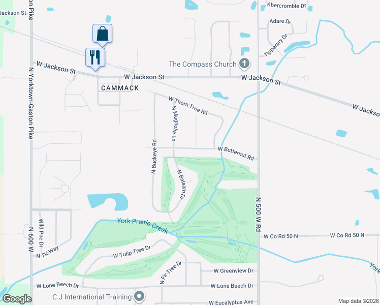 map of restaurants, bars, coffee shops, grocery stores, and more near 8500 West Butternut Road in Muncie