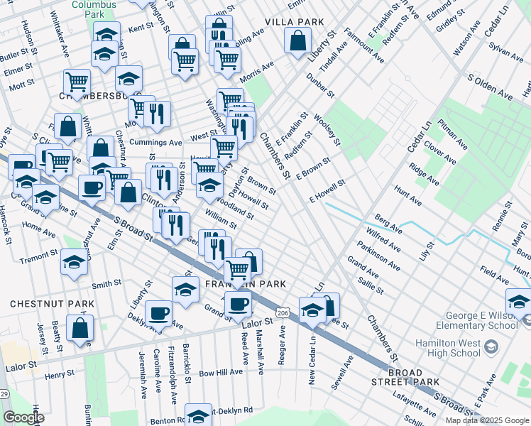 map of restaurants, bars, coffee shops, grocery stores, and more near 205 Howell Street in Trenton